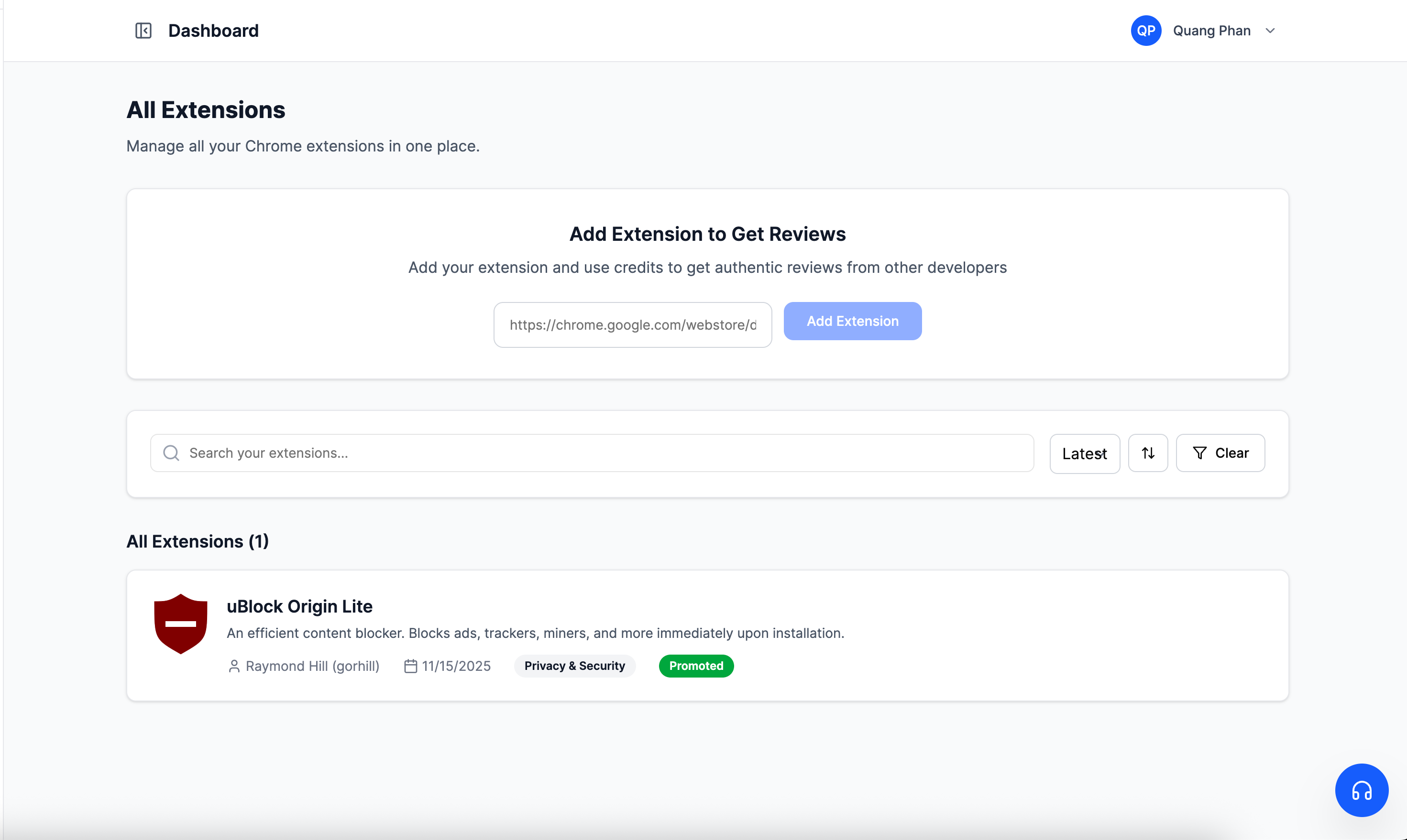 Extension management dashboard